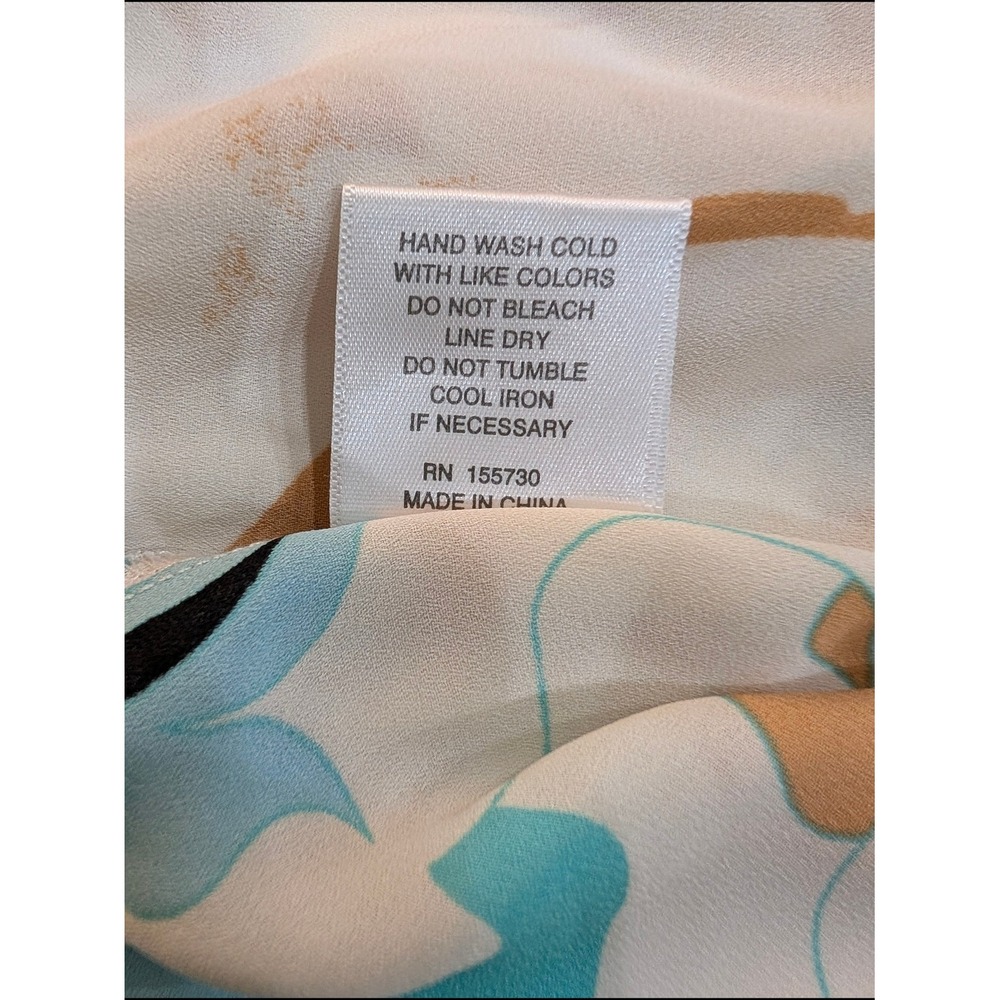 Rose + Olive Mixed Floral Abstract Print Button Down Blouse Blue Tan 3/4 Sleeve - Picture 9 of 10